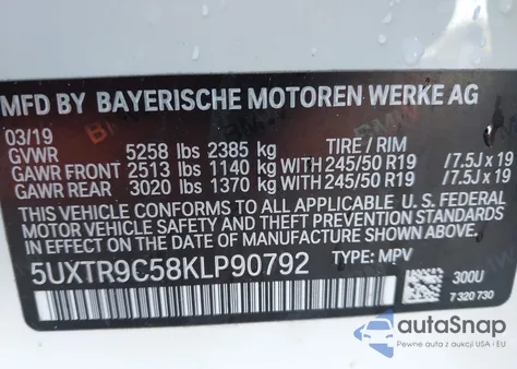 2019 BMW X3 xDrive30I z USA, uszkodzony, nr VIN 5UXTR9C58KLP90792